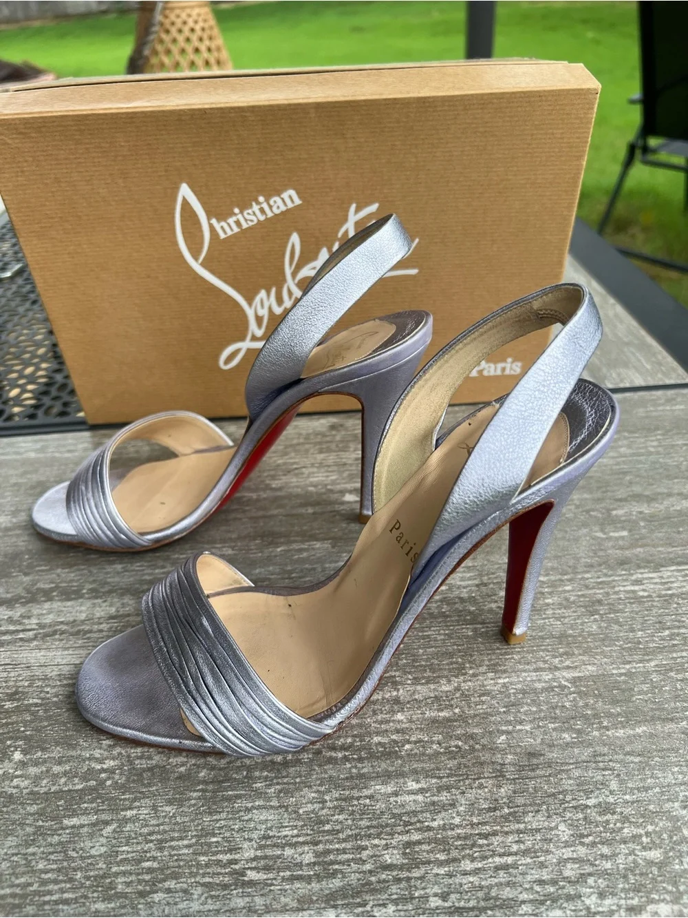Christian Louboutin Marie Pli100 Silver Metallic Calf Laminato Leather Slingback